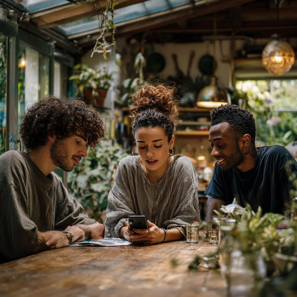 Three diverse adults sitting together at a rustic wooden table in a warm, natural setting