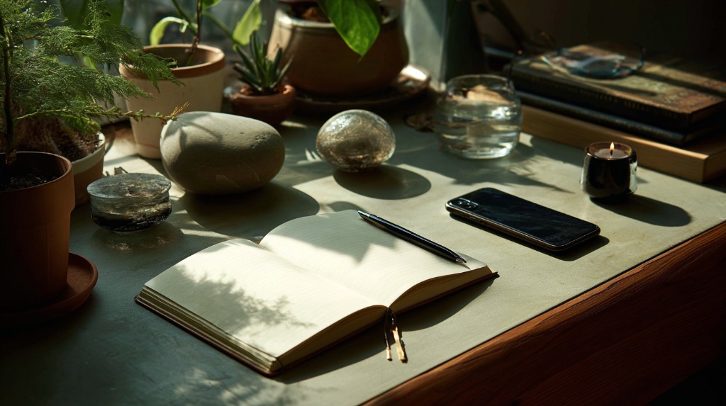 An open notebook with a pen and smartphone on a desk bathed in warm sunlight, representing the calm act of posting a need or offer