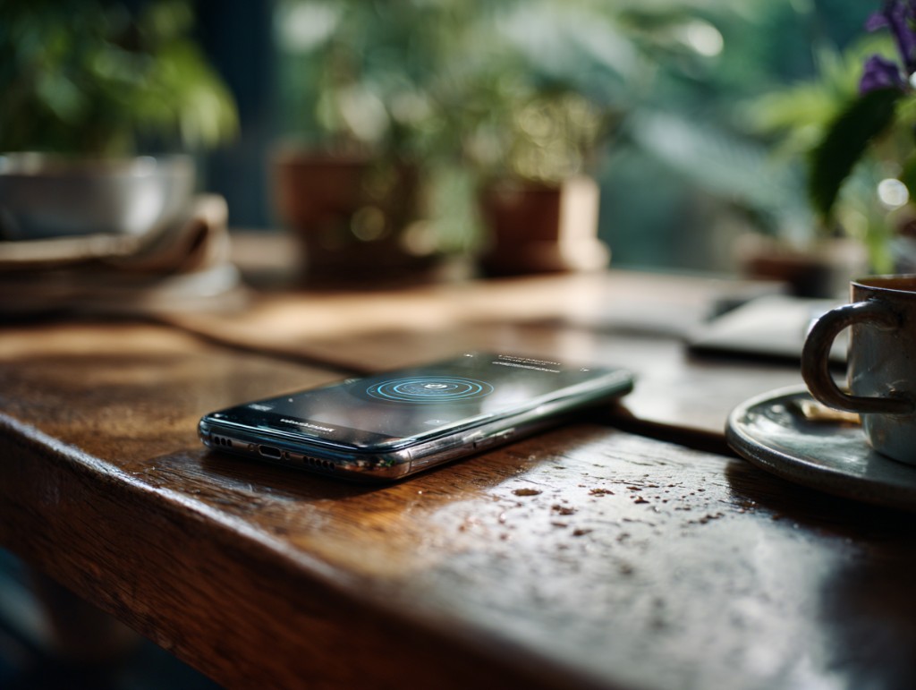 A smartphone on a wooden table displaying an app interface with concentric blue circles, representing someone tapping to respond