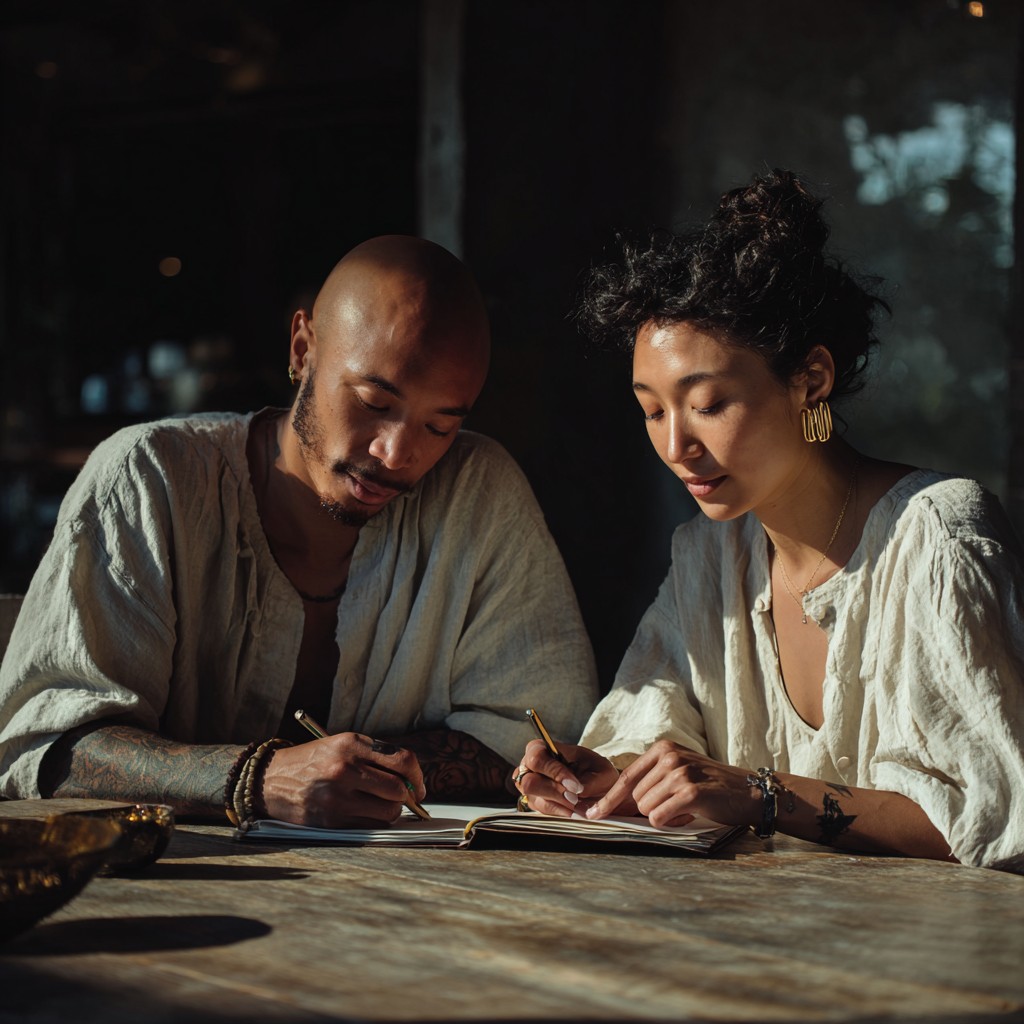 Two people writing together in a notebook at a wooden table, representing real-world coordination and collaboration after the app signal