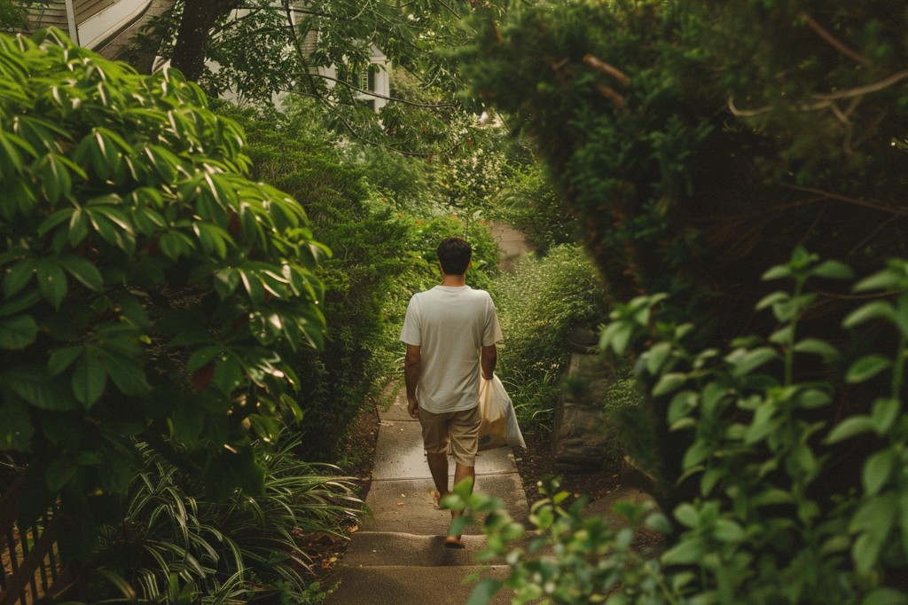 A person walking through a peaceful neighborhood path, representing real people and everyday coordination