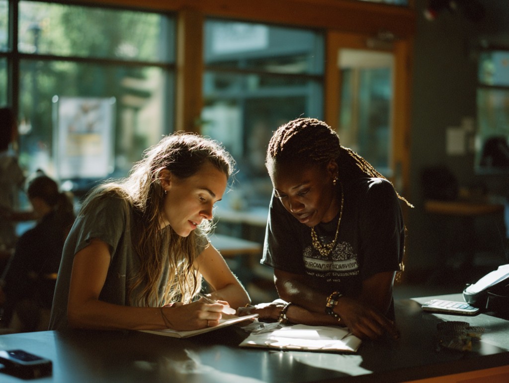 Two diverse women reviewing documents at a table, representing concrete work coordination